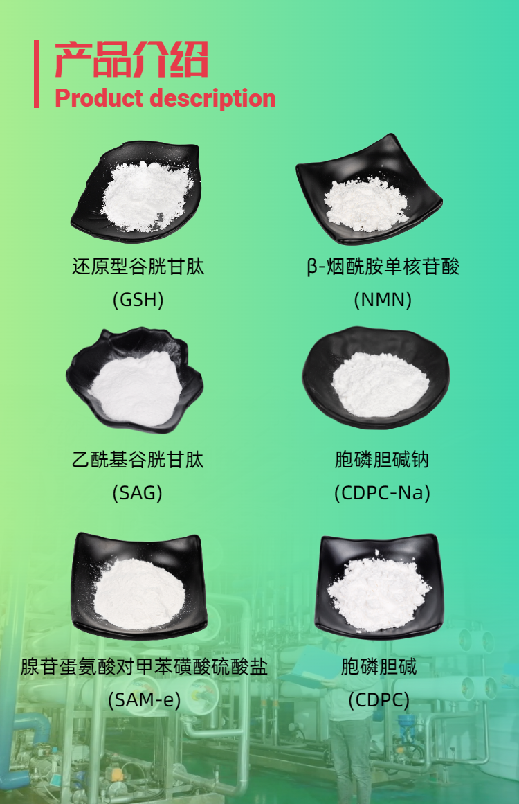 古特生物产品系列：还原型谷胱甘肽GSH、乙酰基谷胱甘肽SAG、烟酰胺单核苷酸NMN、胞磷胆碱钠CDPC-Na、腺苷蛋氨酸对甲苯磺酸硫酸盐SAMe